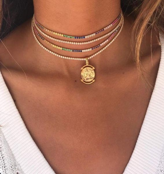 

whole european usa women gift jewelry rainbow cz tennis choker necklace statement necklaces colorful stone 2mm tennis choker6062701, Silver