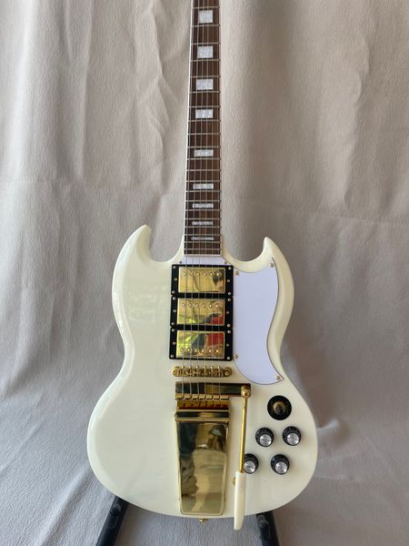 

custom white sg electric guitar with gold hardware tremolo system with three pickups