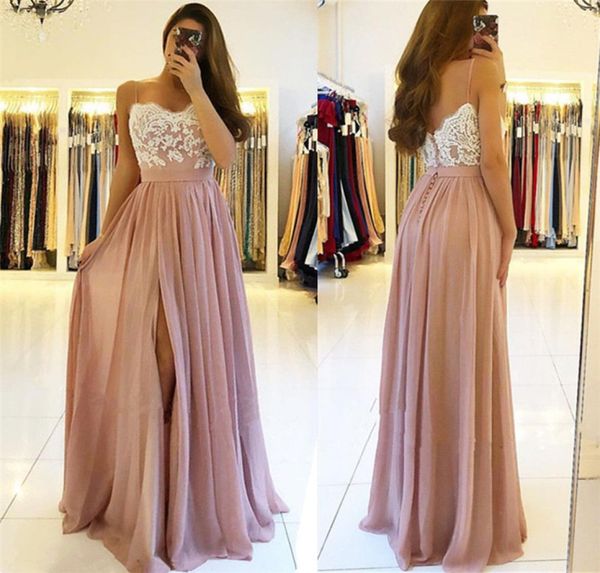 

2020 blush high split bridesmaid dresses spaghetti appliques a line floor length country beach maid of the honor gowns custo3967577, White;pink