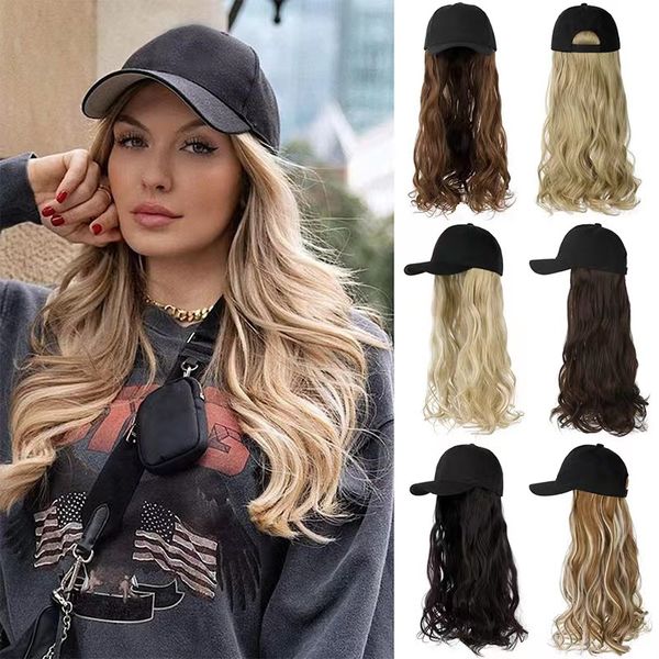 

2023 selling baseball cap wig with long curly synthetic hair wig baseball cap female wig travel beach hat with hair ing, Black
