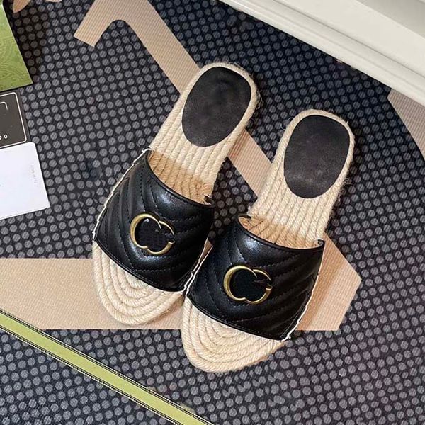 

braid straw sole beach slippers women classic flats thick bottom heel summer lazy designer fashion flip flops quilted leather lady slides sh, Black