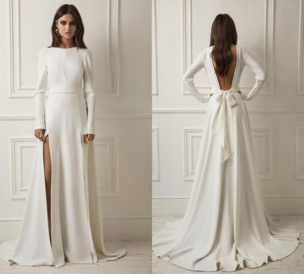 

2018 dream lihi hod country wedding dresses backless sweep train simple long sleeve bridal dress popular satin plus size wed3697854, White