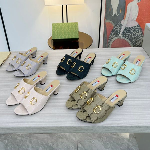 

womens metal buckle middle heel sandals designer fish high heels metal canvas embroidery slippers, Black