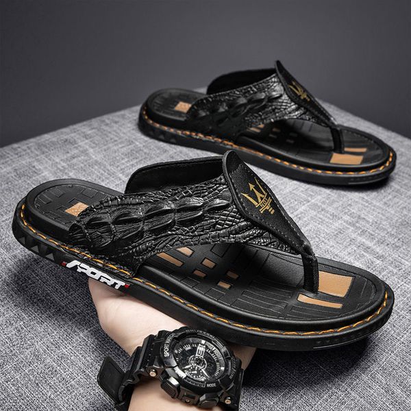 

weh handmade flip flops crocodile grain slippers 2023 summer men casual shoes non-slip outdoor men beach shoes leather sandals, Black