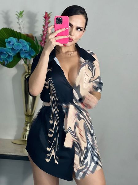 

2023 summer women's short-sleeved lapel fashion casual loose type elegant temperament clashing print shirt dress, Black;gray