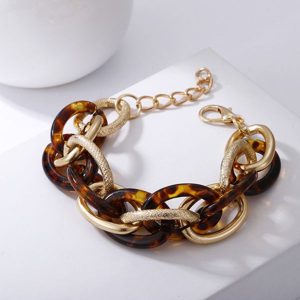 

european and american multi layer stitching metal bracelet acrylic leopard geometric mixed color aluminum chain personality trendy retro jew, Golden;silver