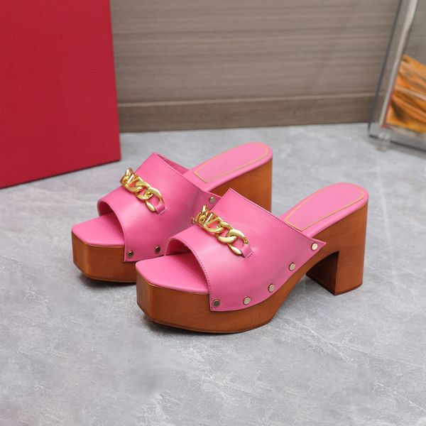 

chains logo slippers clogs mules wooden platform chunky block heels genuine leather sandals open toes heeled shoes women's luxury desig, Black