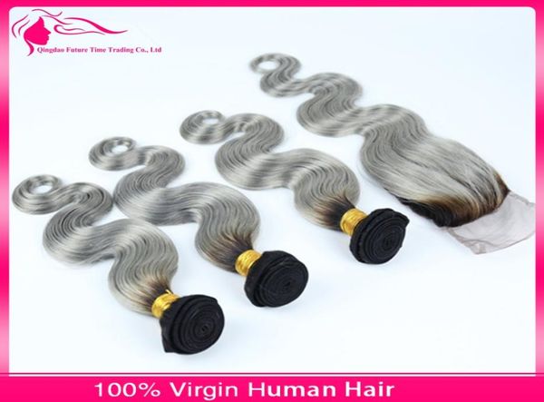 

9a 1bgrey hair bundles with lace closure 2 tone silver gray body wave ombre hair with lace closure middlethree part2469985, Black
