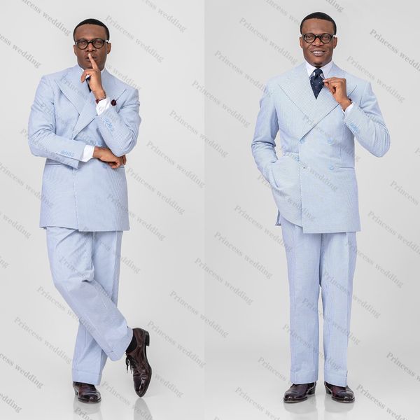 

light blue stripes men wedding tuxedos 2 pieces double breasted peaked lapel outfits wear pants sets, Black;gray