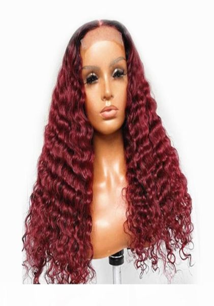 

13x6 glueless deep wave burgundy lace front wigs 1b 99j lace front human hair wigs curly ombre wine red wigs pre plucked hair4242236, Black;brown