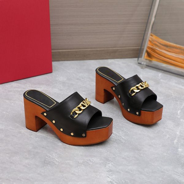 

chains logo slippers clogs mules wooden platform chunky block heels genuine leather slip on sandals open toes heeled shoes women's luxu, Black