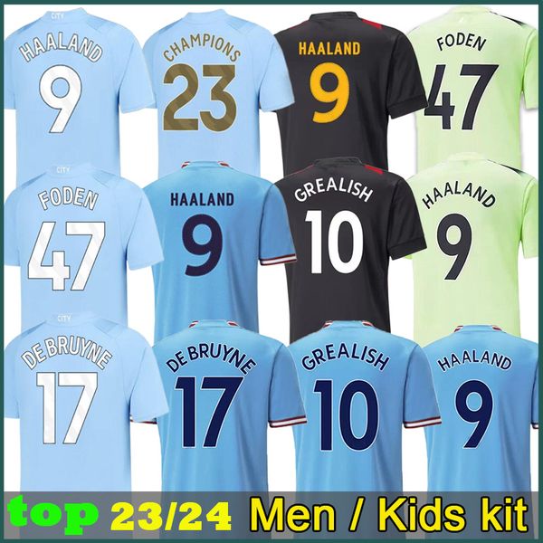 

23 24 haaland soccer jerseys grealish sterling mans cities mahrez fans player version foden 2023 2024 de bruyne football shirt kids kit set, Black;yellow