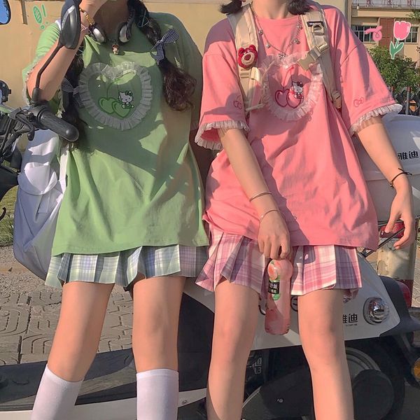 

t-shirt summer street cherry print lace short sleeve oneck tshirt women harajuku japan style sweet cute girls tee women shirts, White