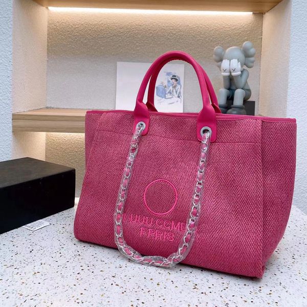 

fashion womens beach bag shoulder bag canvas designer bag shopping bag with chain luxury handbag linen pearl print crossbody bag travel bag