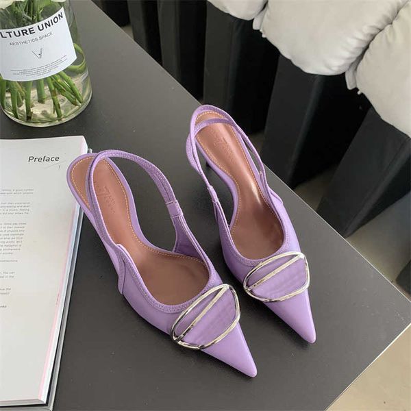 

high-heeled shoes women's thin heels spring shallow metal buckle back hollow pointed sandals 230209, Black