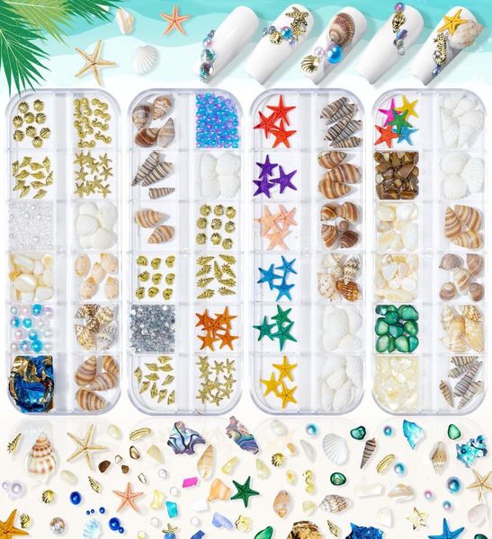 

12 latticebox sea blue style nail art decorations kit mix starfish aurora shell flake conch pearl rivets marine summer nail adorn7765142, Silver;gold