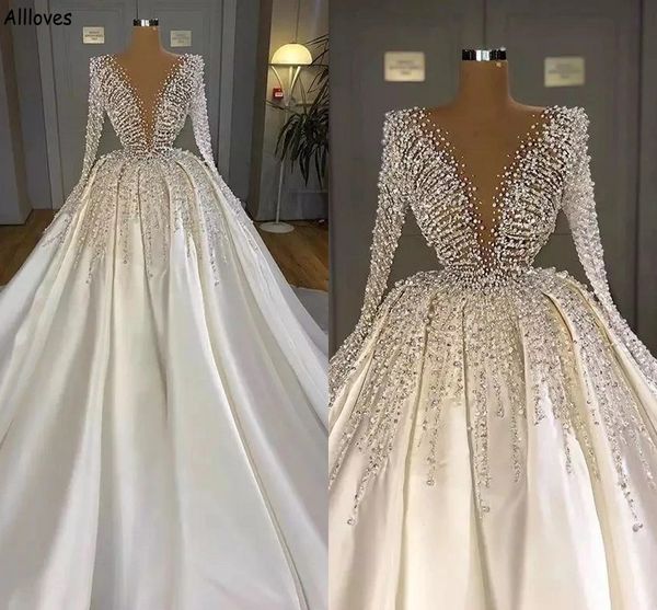 

dubai arabic kaftan turkish wedding dresses princess ball gown long sleeves stunning pearls crystal formal bride vestidos de novia middle ea, White