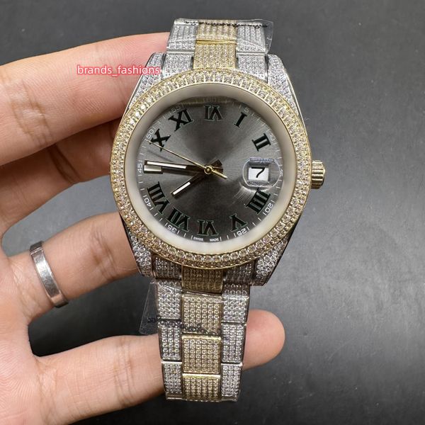 

classic men's watches handmade diamond iced popular watch gray face 2tone gold stainless steel case watch shiny good automatic mechanic, Slivery;brown