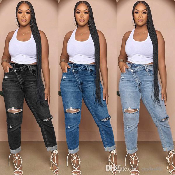 

casual womens clothing denim ripped jeans personalized torn hole diagonal buckle elastic pants, Blue
