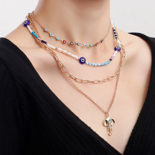 

bohemian street saesthetically multi-layered heart-shaped devil's eye like nose beads necklace woman designer jewlery fashion necklace, Silver