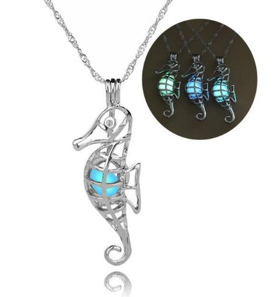 

3 colors glow in the dark hippocampus pendant necklace hollow pearl cages pendant luminous stone necklaces for women jewelry hallo9095073, Silver