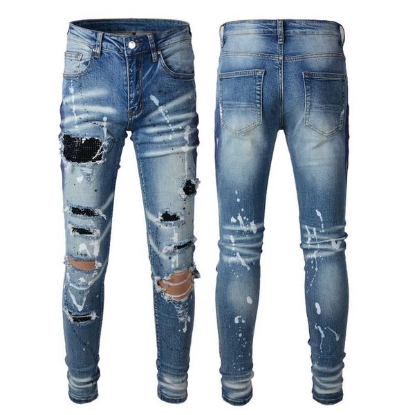 

23ss designer jeans mens jeanpants distressed ripped skinny men jean slim motorcycle moto biker causal mans vintage denim pants 14, Blue