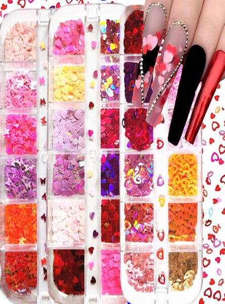 

12 gridsbox laser love heart butterfly nails sequins mixed color sparkle fingernail glitter flakes 3d nail art decorations access3503309, Silver;gold