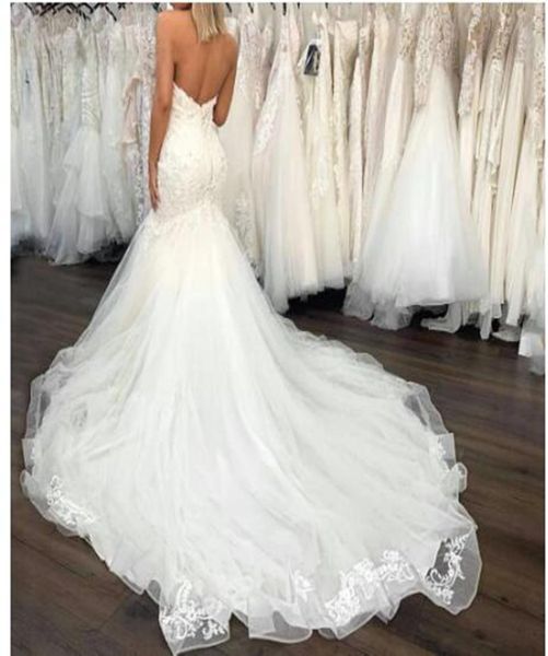 

appliques lace wedding dresses mermaid bridal gowns long trail 2022 modern design sweetheart backless zipper robe de mariage gorge2791181, White