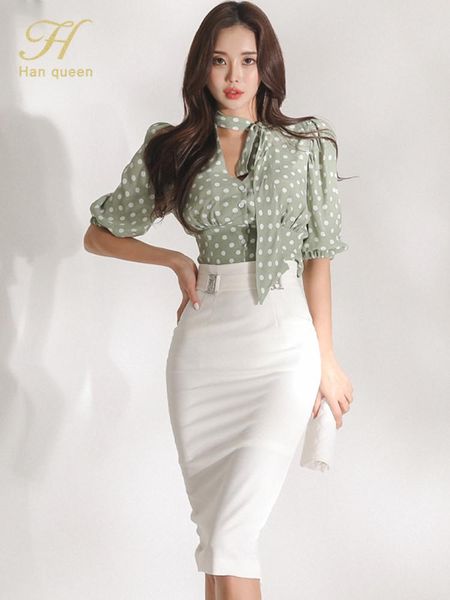 

pants h han queen korean women 2022 summer work wear 2 pieces set dot blouses & high waist midcalf sheath pencil bodycon skirt, White