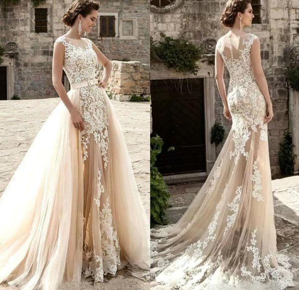 

vintage mermaid wedding dresses with detachable train sleeveless lace applique beach vestidos de novia summer boho bridal gowns custom made, White