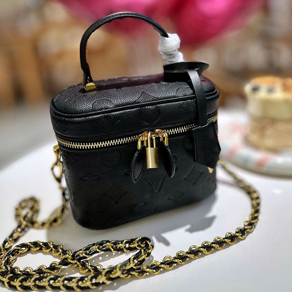 

designer vanity box bag with handle old flower real leather gold metal lock matelasse chain zipper cosmetic case purse women crossbody shoul