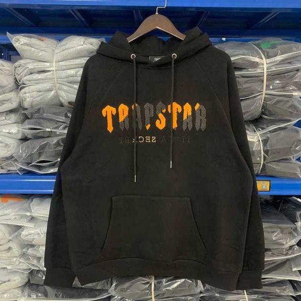 

designer clothing men's sweatshirts hoodie new niche trendy brand trapstar high street sports casual letter embroidery loose plush swea, Black