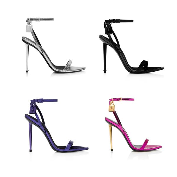 

padlock embellished stiletto sandals105mm metallic leather ankle-strap narrow band sandals heels evening pointed shoes women's heeled l, Black