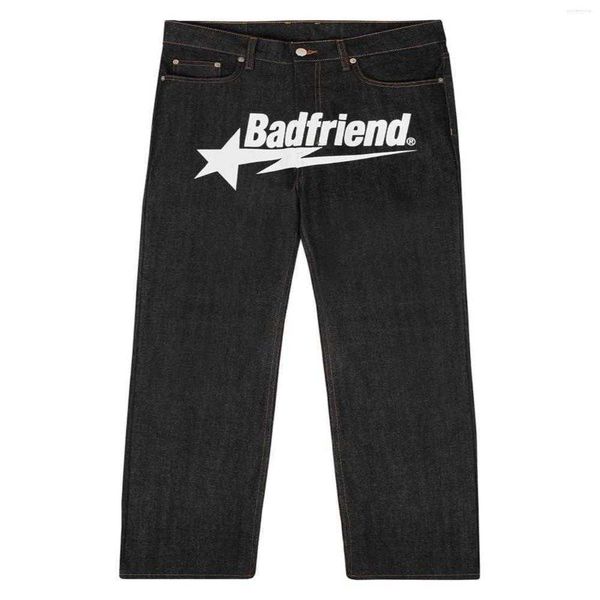 

y2k jean hip hop badfriend letter printing baggy black pants harajuku fashion punk rock wide foot trousers streetwear, Blue