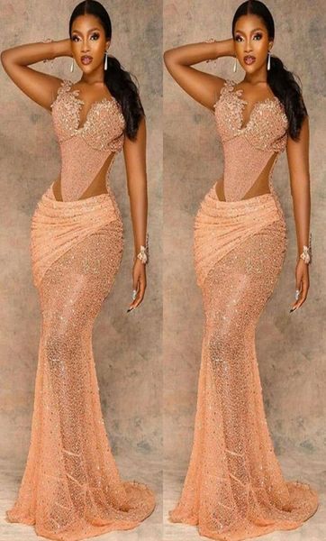 

2021 plus size arabic aso ebi mermaid gold lace prom dresses sheer neck beaded evening formal party second reception gowns dress z1352147, Black