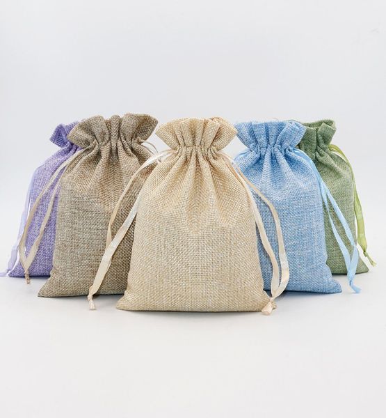 

5pcs linen cotton drawstring gift pouch bag lavender green natural color adjustable jewelry packing bags4808544