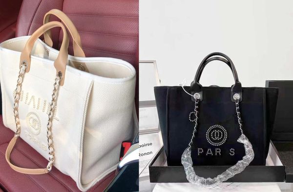 

fashion womens beach bag shoulder bag canvas designer bag shopping bag with chain luxury handbag linen pearl print crossbody bag travel bag