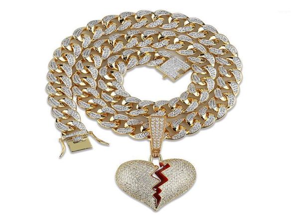 

iced out heart necklace pendant with 14mm width big cuban chain gold silver color cubic zircon men039s women hip hop jewelry18043430
