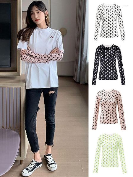 

women's t shirts spring autumn women ice silk t-shirts lady round neck long sleeves designer cherry print feminine tight-fitting, White