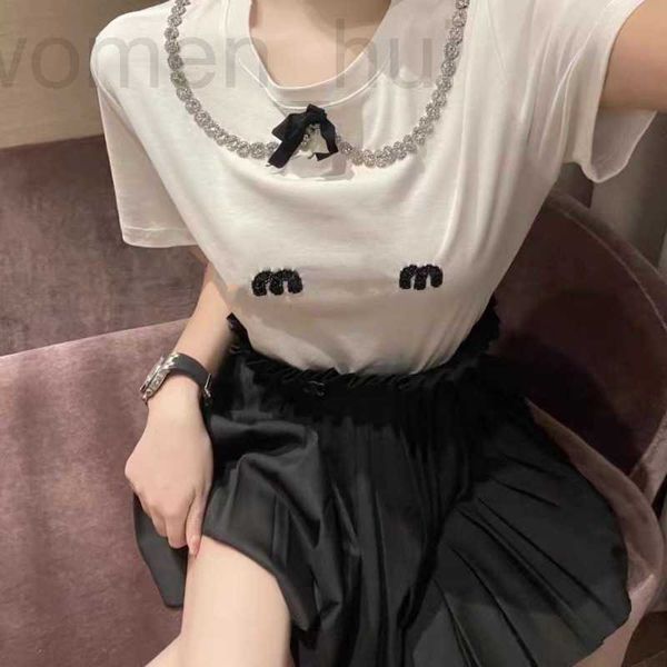 

women's t-shirt designer summer womens t shirt heavy industry diamond-encrusted silk cotton pullover t round neck slim fit short sleeve, White