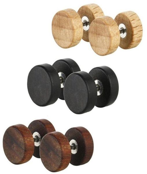 

fashion natural wooden stainless steel ear studs earnings for women men wood barbell piercing punk earrings stud1847449, Golden;silver