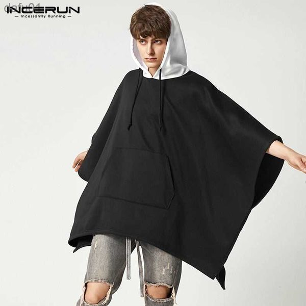 

2023 fashion men hoodies patchwork hooded pockets streetwear irregular cloak sweatshirt men loose casual ponchos s-5xl incerun 7 l230520, Black