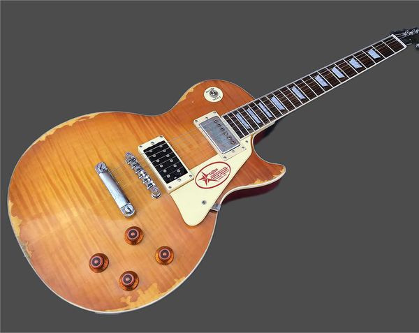 

custom heavy heritage lp standard electric guitar, hand crafted, black choker guitar, flame maple veneer, aged finish
