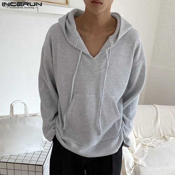 

incerun men hoodies solid color v neck hooded long sleeve pockets casual sweatshirts 2023 streetwear loose thin pullovers s-5xl, Black