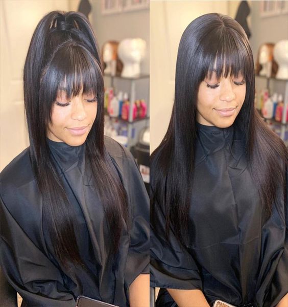 

360 lace frontal wigs with bangs 13x6 lace front human hair wigs fringe wig prepluck full lace wig hairline5109133, Black;brown