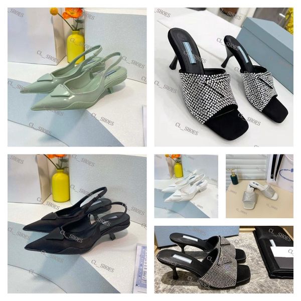 

sandals triangle logo gauze rhinestone decorative calico ladies dress shoes luxury designer smooth leather heel low heel elegant, Black