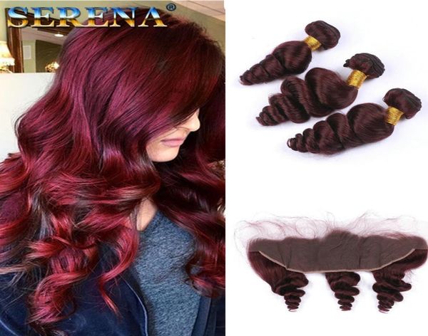 

wine red burgundy brazilian hair bundles with 13x4 frontal lace closure 99j loose wave wavy human hair weaves with ear to ear lac9050008, Black;brown