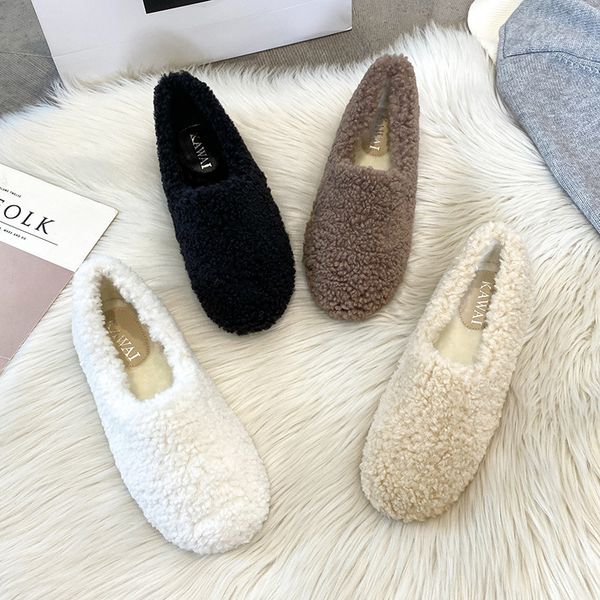 

luxury lambwool moccasins femme winter cotton shoes women warm plush loafers comfy curly sheep fur flats woman large size 40-43, Black