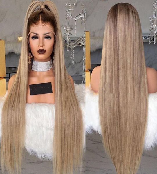 

stock 30inches long blonde lace frontal wig pre plucked with baby hair straight ombre synthetic full lace front wigs for women1707121, Black