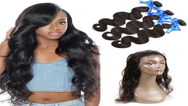 

brazilian human hair 3 bundles with 360 full lace frontal with baby hair body wave remy hair weave with lace frontal closure4819167, Black